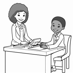 a black girl dressed in a business suit sitting at a desk with a client and a calculator on the desk