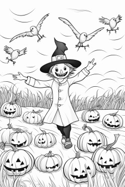 pumpkin patch with orange pumpkins all over a field with a scarecrow in the middle and crows flying away