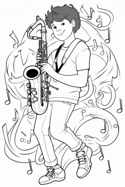 a teenage bari sax player wearing shorts and a swim team shirt he is surrounded by music notes reverberating off of him