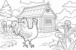 a pretty chicken house in a large field a rooster in the foreground chickens and ducks tropical vegetation in the background