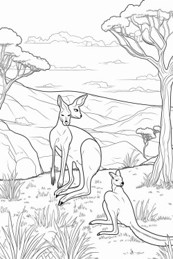 austrlian scene with gum trees and kangaroo