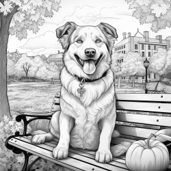 a smiling dog holding a piece of paper in the background a park with trees and a bench  autumn atmosphere