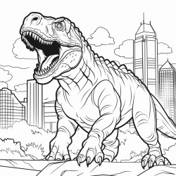 coloring page for kids ages 812 thick lines no shadings no colors big scary trex looking away to the city