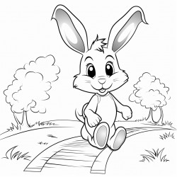 a rabbit walking in a pathway outline lineart coloring book 2d cartoon character
