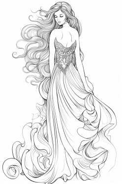 colouring pages beautiful whole body woman with a long flowing dress no shading not many lines large areas for colouring