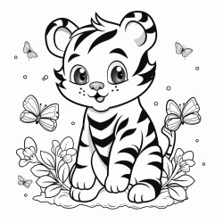 cute tiger with flowers and butterflies