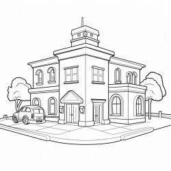coloring pad police station black and white outline landscape
