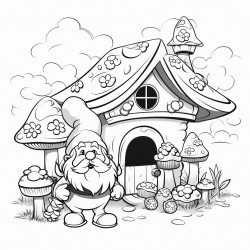 gnomes in front of a mushroom house eating candy