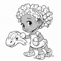 a little black girl with two puff ball pony tails playing with a dinosaur