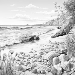 ocean calm  a beach scene with gentle waves and seashells on the shore