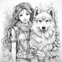 dog that is walking in the forest and a girl