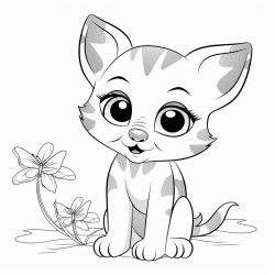 kitten playing with butterfly no color no shading thick lines