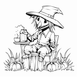 birds sitting on the arms of a stick scarecrow and drinking lemonade