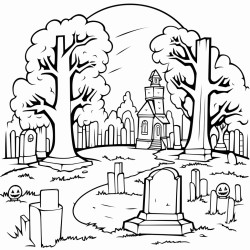 image with black lines on a white background illustrating a friendly cartoon of a spooky graveyard with tombstones ghosts and a full moon for coloring in large basic shapes coloring book style no solid fill ample white space for easy coloring ideal for kids coloring books enhanced line clarity