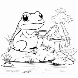 frog sitting on a mushroom drinking tea by the lake