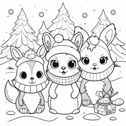 coloring book page white background cute kawaii animals in christmas scenes