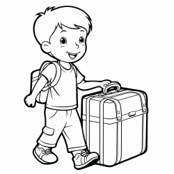 un enfant avec une valise devant des panneaux de direction