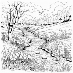 meadows with flowers and a small river