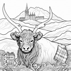 scotland include edinburgh castle a bagpiper  a scotch whisky bottle  a highland cow  the flag of scotland
