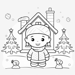 cozy christmas winter coloring book page no colors black and bold lines