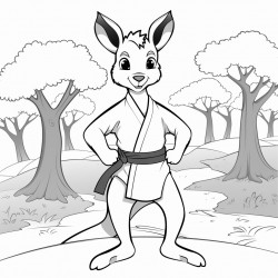 a kangaroo wearing a black belt in the forest