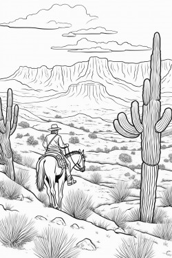 beautiful western landscape with a cowgirl riding a horse detailed cacti and mountains