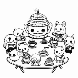 a kawaii tea party with creepy characters and eerie decorations