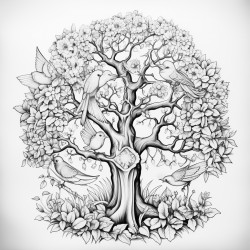 create a magical tree with mandla pattern on it and zentangle nature art with beautiful birds dancing around it