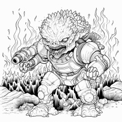 a monster made of lava shooting a lava minigun