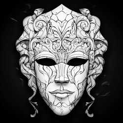a cracked porcelain mask with intricate gothic patterns hanging on a wall in a dark chamber