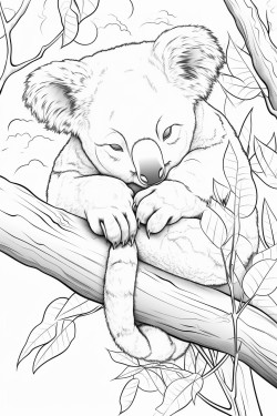 a sleepy koala sitting on a tree branch
