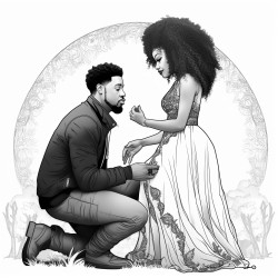 a black man on his knees proposing to a beautiful black woman with an afro