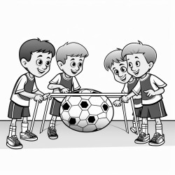 a soccer game in a stadium with four players disputing a match