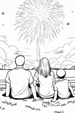 family watching fireworks exploding in the sky while they sit on a blanket in the grass