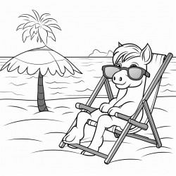 horse on the beach with sunglasses sitting in a chair