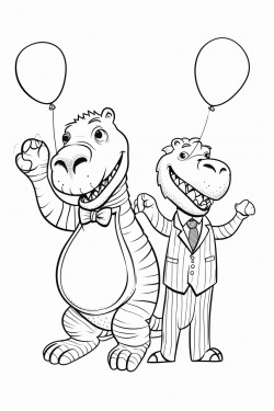 a dancing alligator holding balloons beside a dancing zebra at a tea party in a simple coloring book style