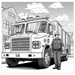 firefighter standing in front of fire truck showing smoke detector