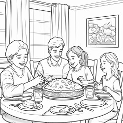 family sitting around kitchen table eating pie