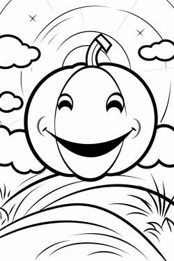 a smiling pumpkin in a field with a sun in the top right corner and a couple of clouds