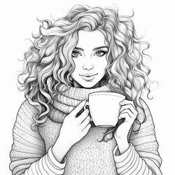 beautifull girl with curled hair and a cozy knitter sweater holding a big cup of coffee in her hands