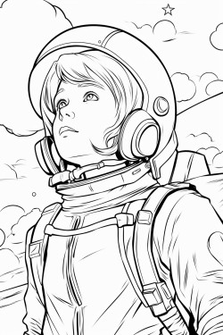 a girl in an astronaut costume looking up at the sky
