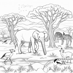 safari animals in action coloring book page clear thick outlines
