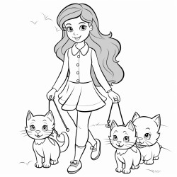 mom and daughter walking two cats
