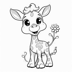 black and white whimsical cartoon baby giraffe on white background