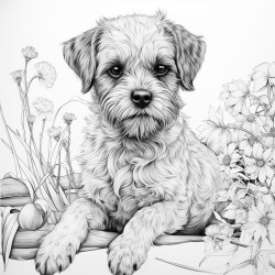 border terrier dog on big fluffy pillows