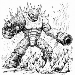 a monster made of lava shooting a lava minigun