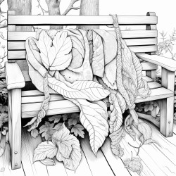 a cozy detailed scarf design with different types of leaves woven into its pattern draped over a wooden bench