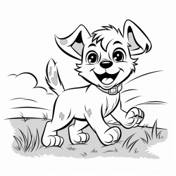 a joyful puppy with floppy ears wagging its tail and a cute smile running through a grassy meadow
