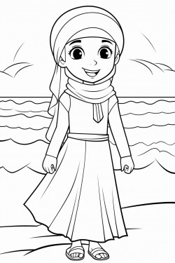 summer coloring pages of a hijabi girl at a beach wearing a burkini