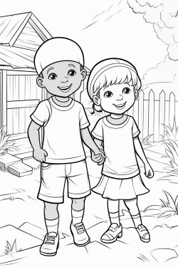 professional sketch drawing of african boy and a girl chlid playing in the village for coloring book coloring page